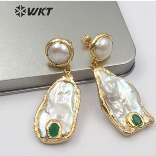 WT-E499 Natural Pearl Earring Random Shape Pearl Drop With Tiny Gem-stone Charm Vintage Design Freshwater Pearl Jewelry