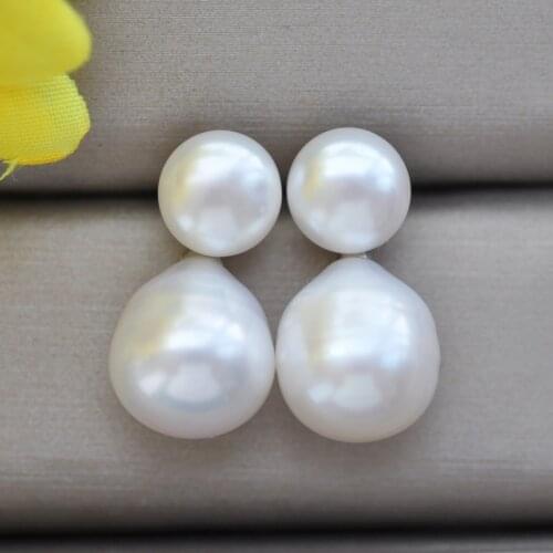 Z10582 13mm White Drip Round Freshwater Pearl Dangle Earring 925SS