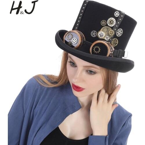 Women Men Black Wool Handmade Steampunk Top Hat With Steam Punk Glasses Gear Fedora Party Hat Top 15CM 4 Size