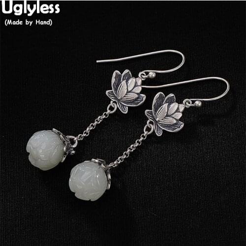 Uglyless 100% Real 925 Sterling Handmade Lotus Earrings Natural White Jade Flower Fine Jewelry Thai Silver Ethnic Brincos Bijoux