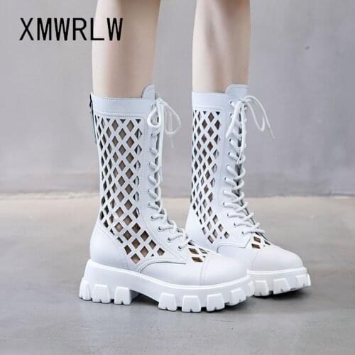 XMWRLW Womens Boots 2021 Summer Leather Fashion Lace up Boots For Women Shoes Thick Sole Ladies Summer Boot Plus Size 43 Shoes