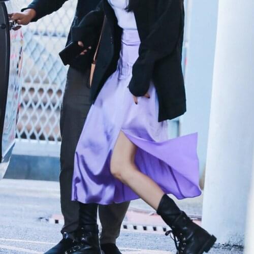 High Street Solid Purple Mid-Length Side Slit High Waist Skirt Womens Summer New Silky Satin Elegant A-Line Skirt Female Y1405