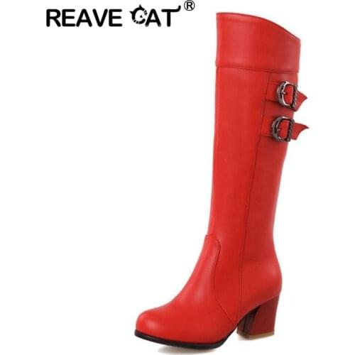 REAVE CAT Big size 30-52 New Autumn winter shoes Ladies Knee boots Women fashion botas Hoof heels Zip Buckle Cool Party Sexy