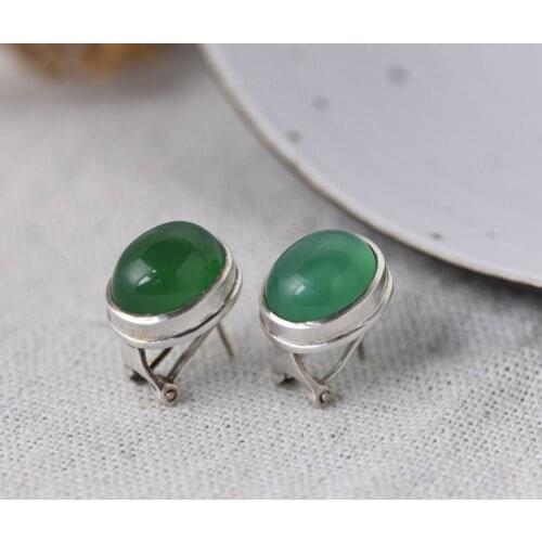 FNJ Natural Green Agate Earrings 925 Silver Original Pure S925 Sterling Silver Stud Earring Women Jewelry Vintage Simple