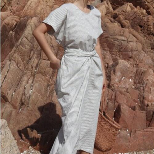 2020 Women Summer Cotton and Linen Striped Long Bandage Dress Sashes Elastic High Waist Casual Midi Sundress