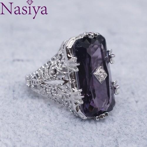 925 Silver Ring Chamfer Rectangular Amethyst Princess Gemstone Ring Hollow Flower Female Ring Jewelry For Women