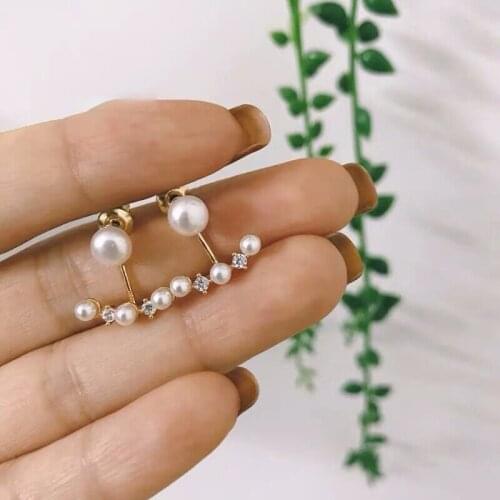 925 Silver Plated 14K Gold Natural Freshwater Pearl Elegant Geometric Charm Retro Wedding Stud Earrings Jewelry for Women Gift