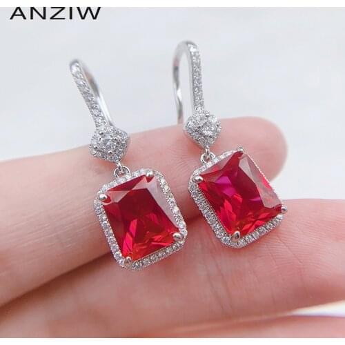 ANZIW Sterling Silver Radiant Cut Lab Created Ruby Vintage Classic Hook Earring for Women Jewelry Gifts