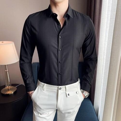 Plus Size 4XL-M Business Formal Wear Striped Shirts For Men Clothing Simple Slim Fit Casual Club Tuxedo Office Chemise Homme Hot