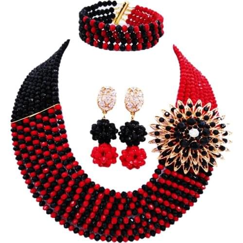 Pretty Opaque Red and Black African Beads Jewelry Set Crystal Necklace Jewelry Sets 8JBK01