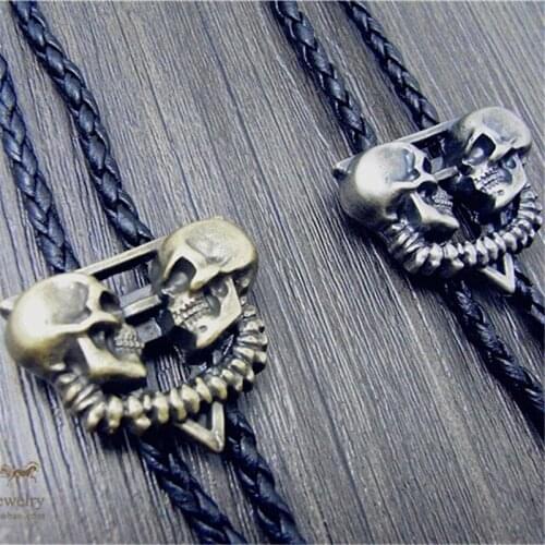 Bolo Tie The latest retro shirt chain Double skeleton head Poirot led rope leather necklace Long tie hang