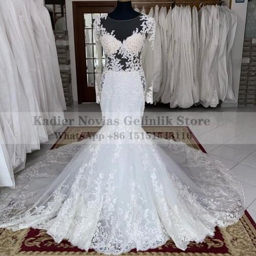 Kadier Novias Long Sleeve Mermaid White Lace Wedding Dresses 2021 Sheer Neck Gelinlik Couture Vestidos De Novia 2020