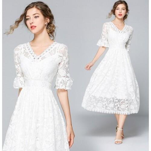 Summer Women Dress 2020 Lace Hollow Out Dresses Half Sleeve Elegant Casual Long Dress A-line Solid Party Dress Slim Vestidos