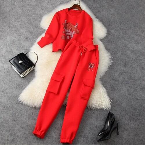 2021New Style for Spring Long Sleeves Cartoon Ironed Diamond Hoodie Trousers Fashion Suit European and American Womens Clothing