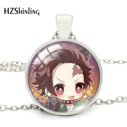 Demon Slayer Cartoon Anime Pattern Round Glass Cabochon Pendants Necklace Fashion Jewelry men women