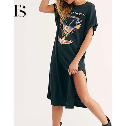 New Arrival Female Casual Totem Print Round Neck Women Dress Sexy Side Split Letter Print Short Sleeve Loose Cotton Dress