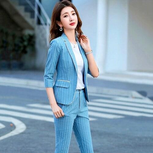 Chic Office Ladies Women Coat Suit Elegant Stripe Two-Pieces Women Blazer Suit Casual Suits Female Blazer Set And Trousers LS104