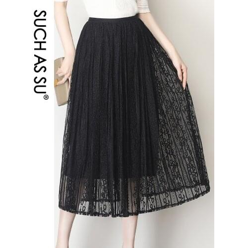 SUCH AS SU High Quality Korean 2021 Fashion Elastic Slim Skirt Women Black Skirt High Waist Pleated Ankle-Length Lace Skirt 539