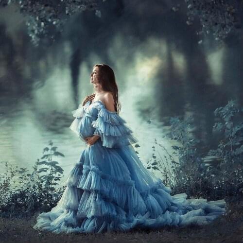 Cozy Lush Ruffles Tulle Maternity Dress for Photography Long Tiered Robe Pregnant Women Dresses Prom Gown Blue Party Gowns