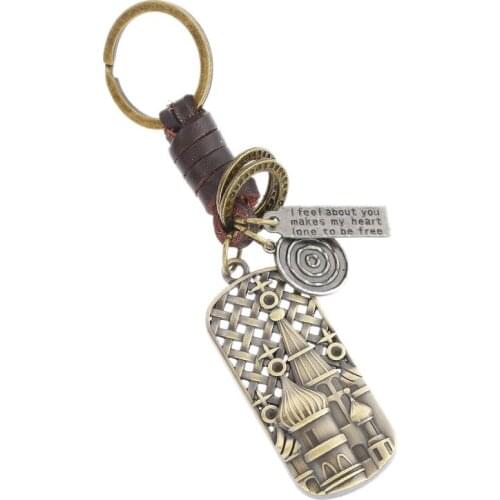 Vintage Fashion Keychain Alloy Castle Pendants Weave Leather Holder Fairy Tale Bag Car Keyring Chain Children Women Jewelry Gift