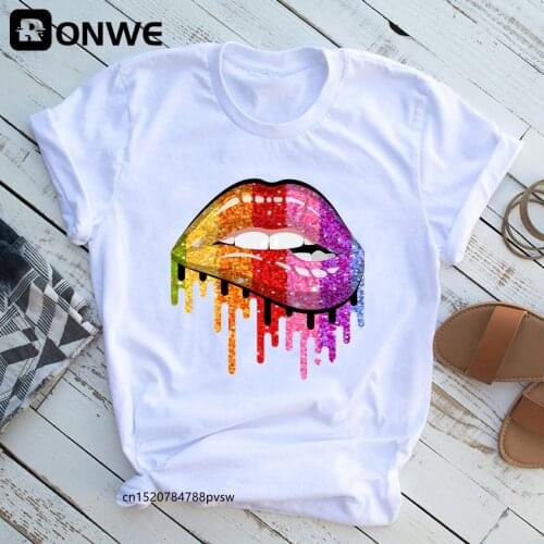 Women Colours Lip Fashion T Shirt Girl Harajuku 90s Harajuku Graphic Tops Valentines Day Female T-shirt,Drop Ship