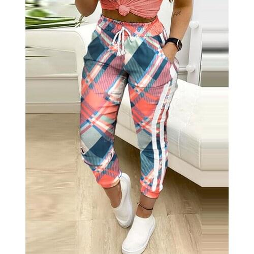 Women Fashion Casual Pants Trousers Colorblock Plaid print Cargo Pants Autumn Fashion Pocket Design Drawstring Casual Pants