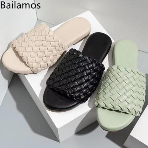 Bailamos 2021 New Fashion Women Slippers Thick bottom Flat Heel Ladies Sandals PU Woven Casual Open Toe Woman Outdoor Shoes