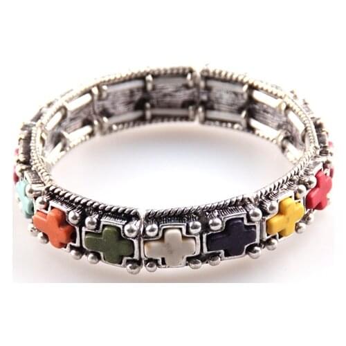 New arrival hot sell cross Bracelet multicolor semi precious stone inlay ladies alloy elastic Bracelet women jewelry
