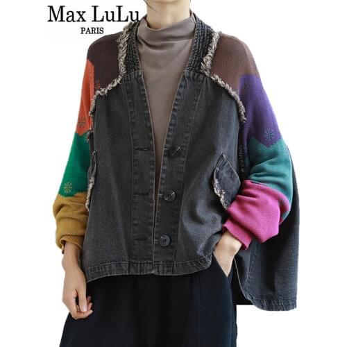Max LuLu Women Clothes Knitted Black Denim Coat Korean Coats Spring Fall 2021 Ladies Ripped New V-Neck Jackets Loose Streetwear