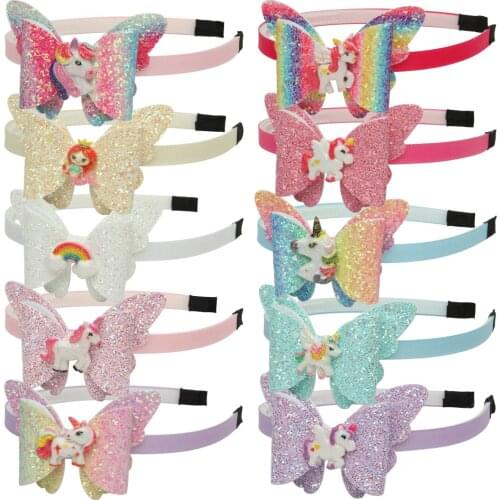 10pcs/lot Girls Glitter Hair Bow Hairbands Animal Butterfly Wing Shape Unicorn Hairbow Headbands Children Hair Accessories