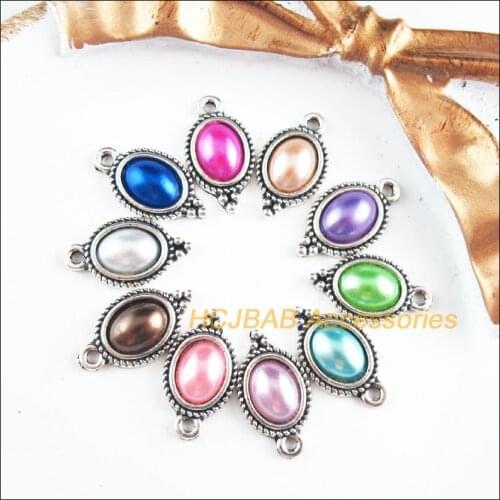 20 New Oval Charms Tibetan Silver Tone Retro Mixed Acrylic Flower Pendants 9x17mm