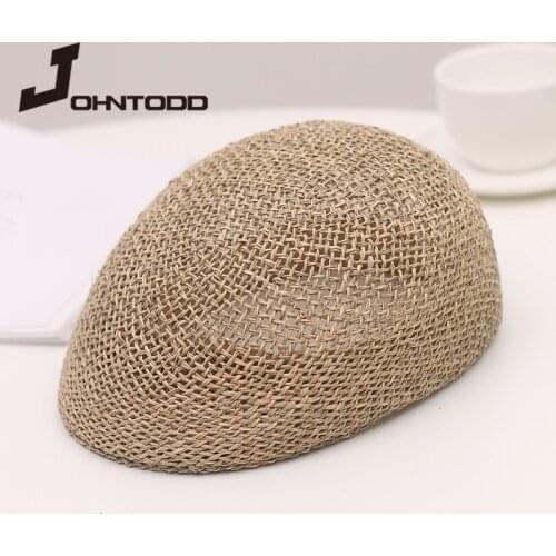2021 Summer Woman Men Handmade Straw Newsboy Caps Breathable Church Cap Berets Visors Hats Campaniform Church Cap for Parent