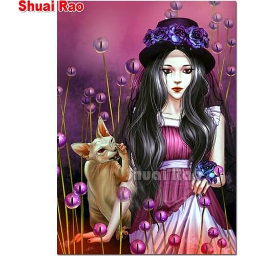 5 d DIY Diamond Embroidery little girl and Sphynx cat Full Square Diamond Painting animal belle fairy mosaic diamond round drill