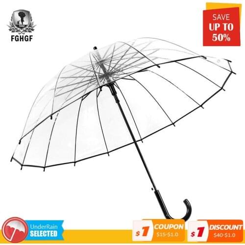 FGHGF High Quality Transparent Big Long Handle 16 Rib Umbrella Male Female Rain Fashion Solid Automatic Creative Rainy Clear