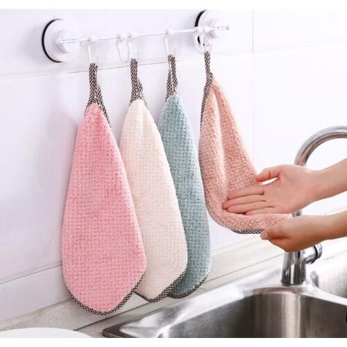 Household Coral Fleece Hand Towels Can Be Hung Kitchen Dish Towel Pattern Double-sided Thickened Absorbent Wipes Cleaning Cloth