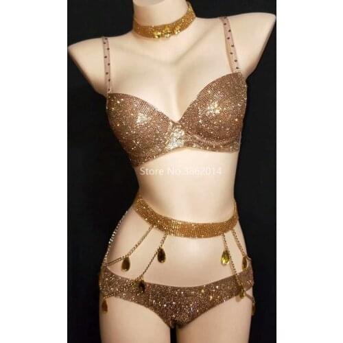 5 Colors Sparkly Rhinestone Bra Shorts Outfit Bikini Set Women Sexy Nightclub DJ DS Stage Performance Wear Pole Dancing Clothing