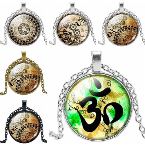 2019 Hot Fashion Retro Indian OM Yoga Ceremonial Time Crystal Glass Convex Round Pendant Necklace Clothing Sweater Chain Jewelry