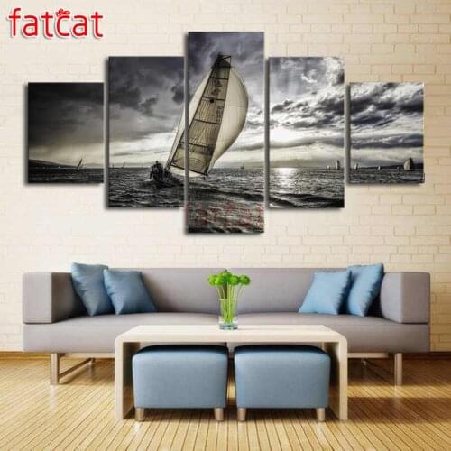 FATCAT Black and white landscape sailing boat 5 Piece Diy Diamond Painting full Square Round Diamond Embroidery kits AE2396