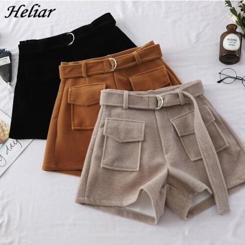 HELIAR Women Wide Legs High Waist Wool Shorts Casual Fashion Korean Shorts Belt Shorts 2019 Autumn Winter Shorts With Pockets