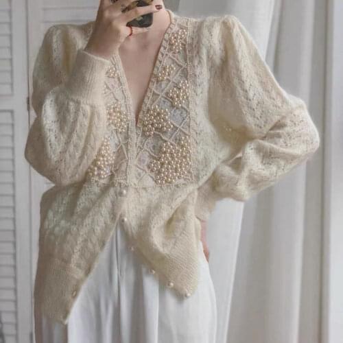 Korobov 2021 New Autumn Pearls Embroidery Cardigans Vintage V Neck Long Sleeve Oversize Cardigans Sweet Hollow Out Cardigan