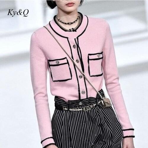 Luxury Brand 2021 Spring New Color Contrast Double Pocket Round Neck Knitted Cardigan Womens Sweater Coat Multi Color Options