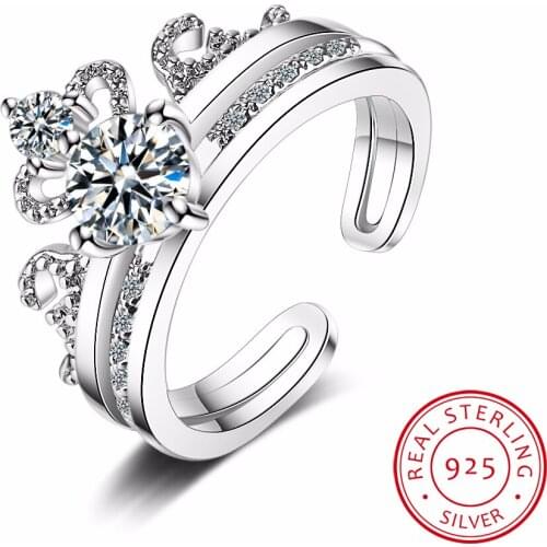 Fashion 100% Real 925 Sterling Zirconia Crown Finger Ring Classic Stackable Silver Jewelry For Women Wedding Christmas Gift