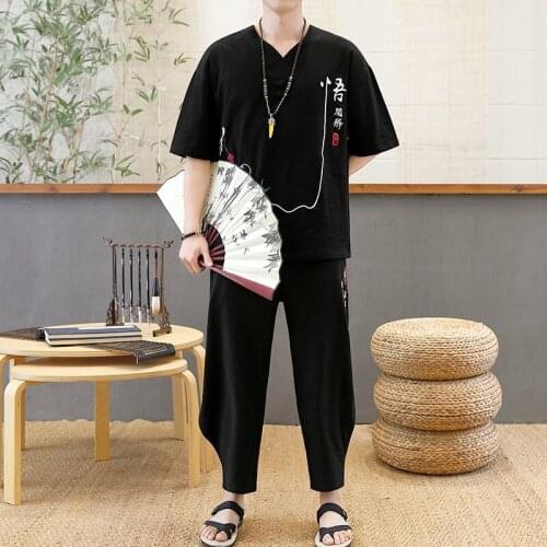 Summer Traditional Chinese Style Linen Tang Suit Men Hanfu Casual Ethnic Print Short Sleeve T-Shirt Men Kung Fu Clothes 31021