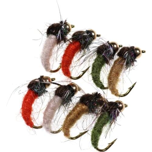 Brass Bead Head Caddis Nymph Fly for Fly fishing Trout Pan Fish Artificial Insect Lure Bait for Fishing 8PCS #12
