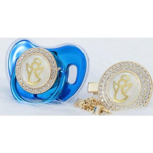 MIYOCAR Metallic blue lovely angel bling pacifier and pacifier clip set BPA free dummy bling unique gift baby shower angb