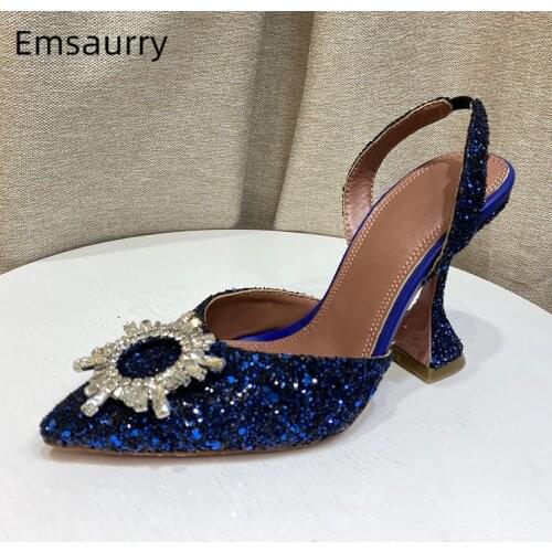 New Crystal Sunflower Buckle Sandals Women Back Strap Pointed Toes Sexy Goblet Heel Bling Sequined Cloth Summer Shoes Woman