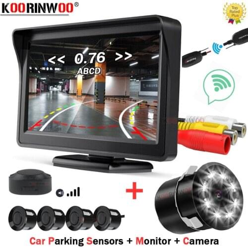 Koorinwoo Intelligent Parktronic Video System Parking Sensor 4 Night Vision 8 LED Lights Camera Back + Rear view Monitor Mirror
