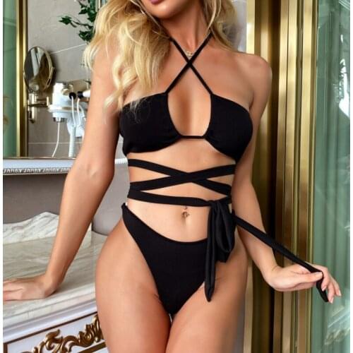 Sexy Wrap Around Halter Bikini Women Swimwear Female Swimsuit Two-pieces Bikini Set Bather 2021new Style Low Waist Solid CS6176