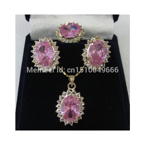 SU264 Hot sale Jewelry pink crystal pendant necklace ring earring sets +free Chain
