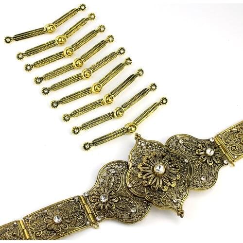 Sunspicems Retro Gold Color Caucasus Belt Breastplate Sets for Women Wedding Dress Metal Buckle Link Chain Body Jewelry
